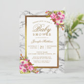 Invitation Baby shower en marbre noir rose floral chic or (Debout devant)