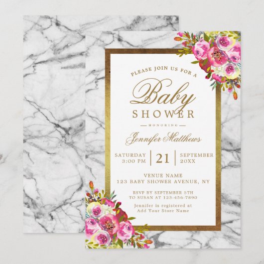Invitation Baby shower en marbre noir rose floral chic or (Devant / Derrière)