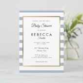 Invitation Baby shower en or Dusty Blue Stripe (Debout devant)