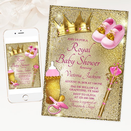 Invitation Baby shower en or rose princesse