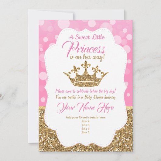 Invitation Baby shower en or rose princesse, Royal (Devant)