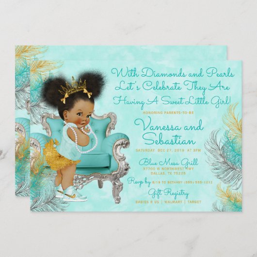 Invitation Baby shower en or turquoise (Devant / Derrière)