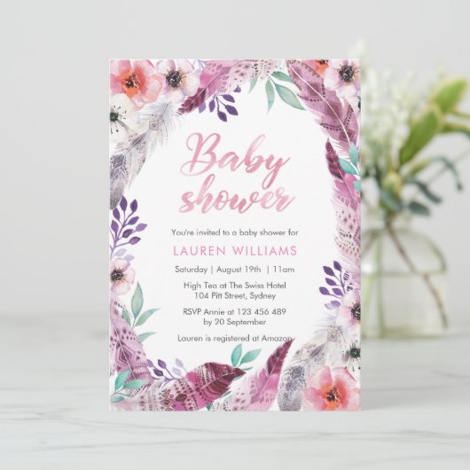 Invitation Baby shower en plumes de Boho rose (Debout devant)