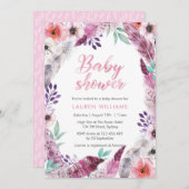 Invitation Baby shower en plumes de Boho rose (Devant / Derrière)