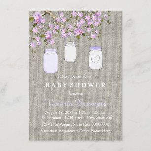 Invitation Baby Shower en pot Mason avec toile de jute lavand