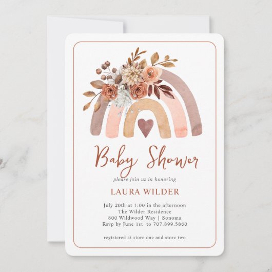 Invitation Baby shower en terre cuite Boho aquarelle arc-en-c (Devant)