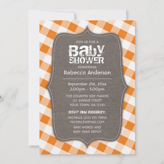 Invitation Baby shower en toile orange et blanc En vichy (Devant)