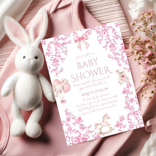 Invitation Baby shower en tuiles florales à pois rose vintage