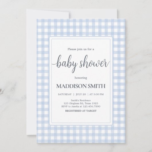 Invitation Baby shower En vichy bleu classique (Devant)