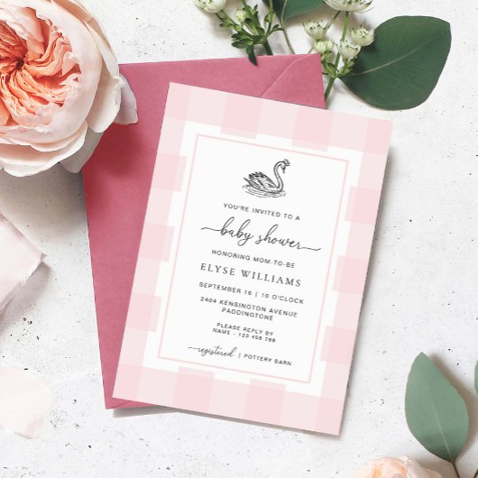 Invitation Baby shower En vichy rose cygne