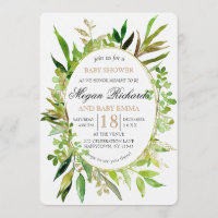 Invitation Baby shower encadrée de feuilles vertes