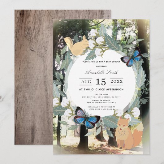 Invitation Baby shower Enchanted Forest Woodland Animaux (Devant / Derrière)