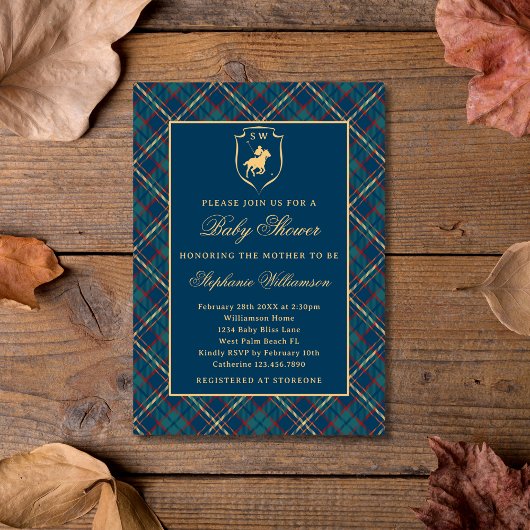 Invitation Baby shower équestre bleu classique Polo Plaid