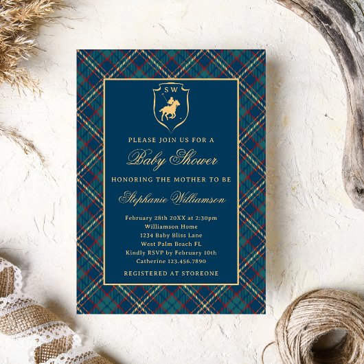 Invitation Baby shower équestre bleu classique Polo Plaid