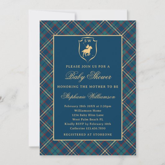 Invitation Baby shower équestre bleu classique Polo Plaid (Devant)