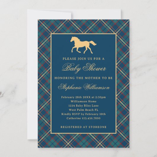Invitation Baby shower équestre bleu Plaid Preppy classique (Devant)