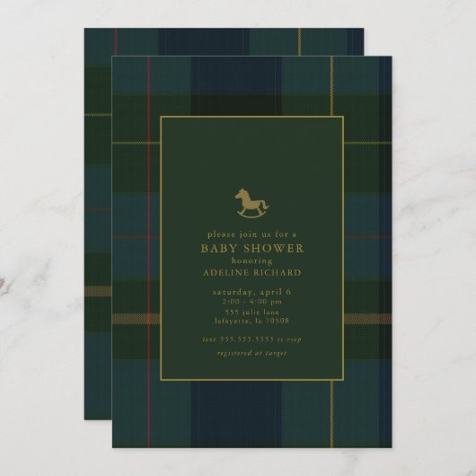 Invitation Baby shower équestre classique vert foncé (Devant / Derrière)