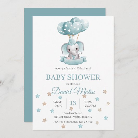 Invitation Baby shower espagnol des éléphants (Devant / Derrière)
