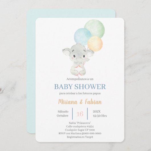 Invitation Baby shower espagnol des éléphants (Devant / Derrière)
