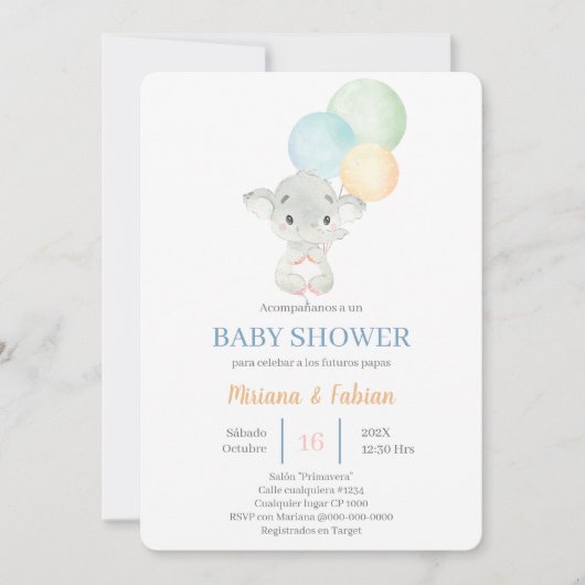 Invitation Baby shower espagnol des éléphants (Devant)