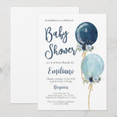 Invitation Baby shower espagnol garçon marine bleu ballons (Devant / Derrière)