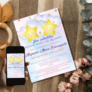 Invitation Baby shower espagnol Little Stars Pink Blue Twins
