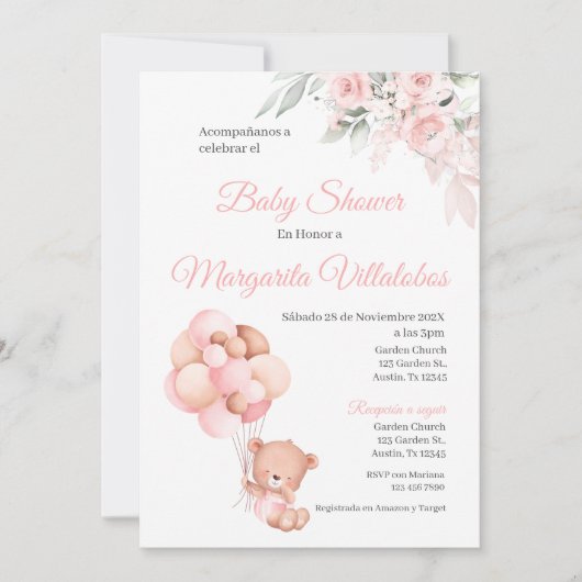 Invitation Baby shower espagnol Ours rose fille (Devant)