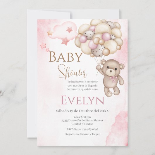 Invitation Baby shower espagnol Ours rose fille (Devant)
