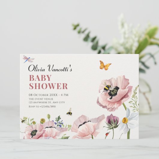 Invitation Baby shower esthétique fleuri abeilles (Debout devant)