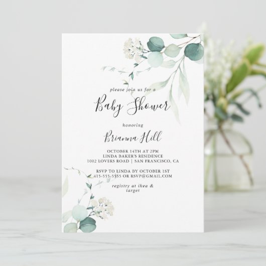 Invitation Baby shower Été Vert Eucalyptus Foliage (Debout devant)