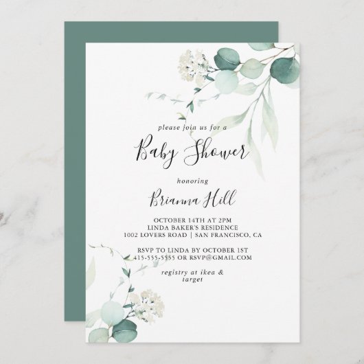 Invitation Baby shower Été Vert Eucalyptus Foliage (Devant / Derrière)