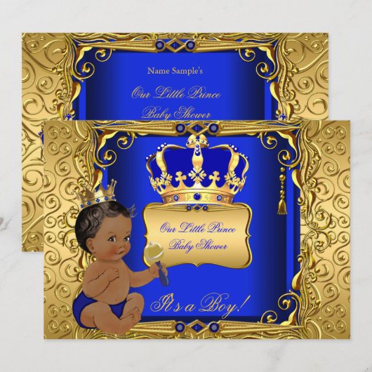 Invitation Baby shower ethnique Boy Royal Blue Gold (Devant / Derrière)