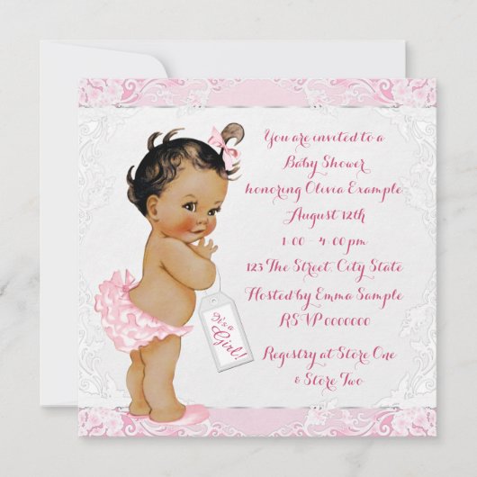 Invitation Baby shower ethnique de fille de dentelle rose et  (Devant)