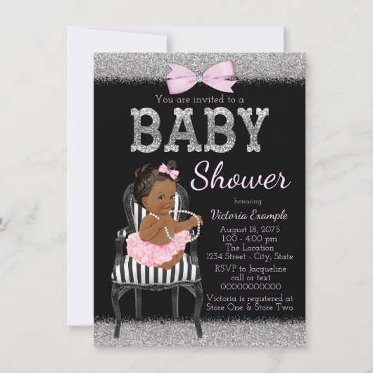 Invitation Baby shower ethnique de fille rose noire et argent (Devant)