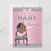 Invitation Baby shower ethnique de filles rose et gris argent (Devant)