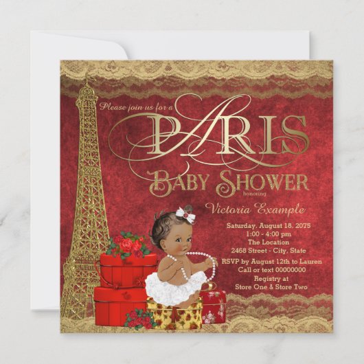 Invitation Baby shower ethnique Red Gold Paris pour filles (Devant)