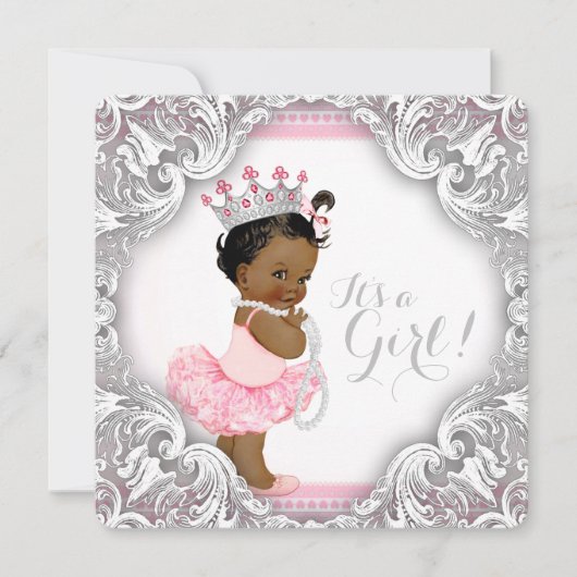 Invitation Baby shower ethnique Tutu rose et gris (Devant)