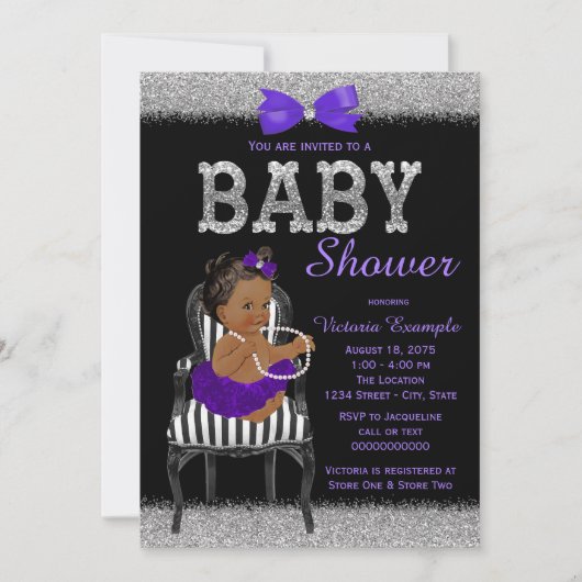 Invitation Baby shower ethnique violet noir et argent pour fi (Devant)