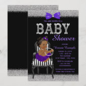 Invitation Baby shower ethnique violet noir et argent pour fi (Devant / Derrière)