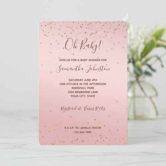 Invitation Baby shower étincelant Confetti en or rose (Debout devant)