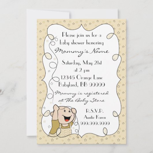 Invitation baby shower. Étoiles/Bébé/Or/Noir (Devant)