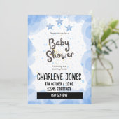 Invitation Baby shower étoiles et nuages bleus (Debout devant)