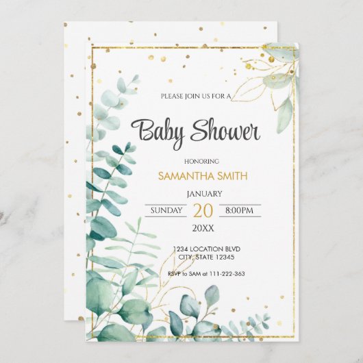 Invitation Baby shower Eucalyptus (Devant / Derrière)
