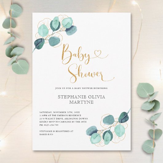 Invitation Baby shower Eucalyptus Aquarelle Botanique