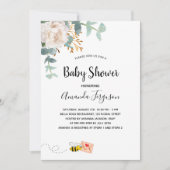 Invitation Baby shower eucalyptus blanc fleuri mère à abeille (Devant)
