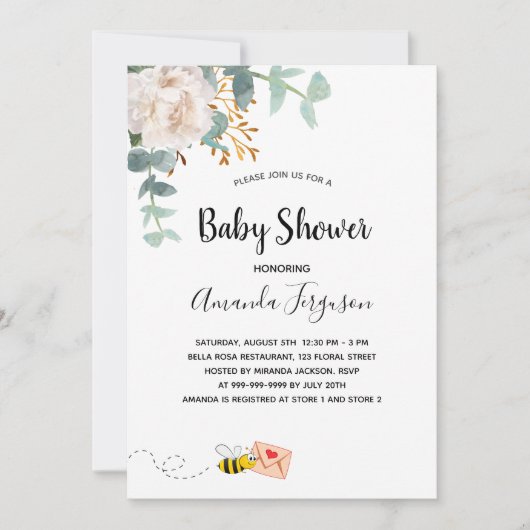 Invitation Baby shower eucalyptus blanc fleuri mère à abeille (Devant)