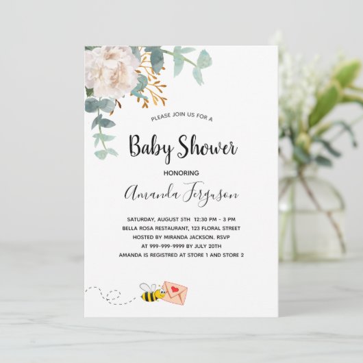 Invitation Baby shower eucalyptus blanc fleuri mère à abeille (Debout devant)