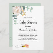 Invitation Baby shower eucalyptus blanc fleuri mère à abeille (Devant / Derrière)