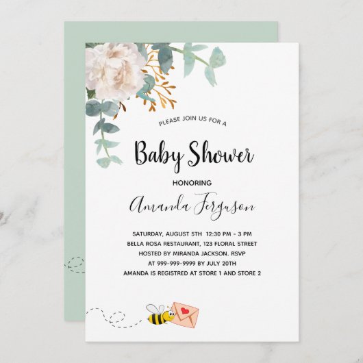 Invitation Baby shower eucalyptus blanc fleuri mère à abeille (Devant / Derrière)