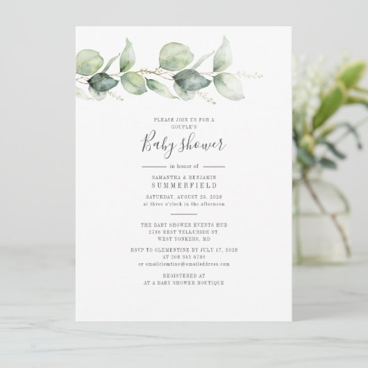 Invitation Baby shower Eucalyptus Botanical Couple Élégant (Debout devant)